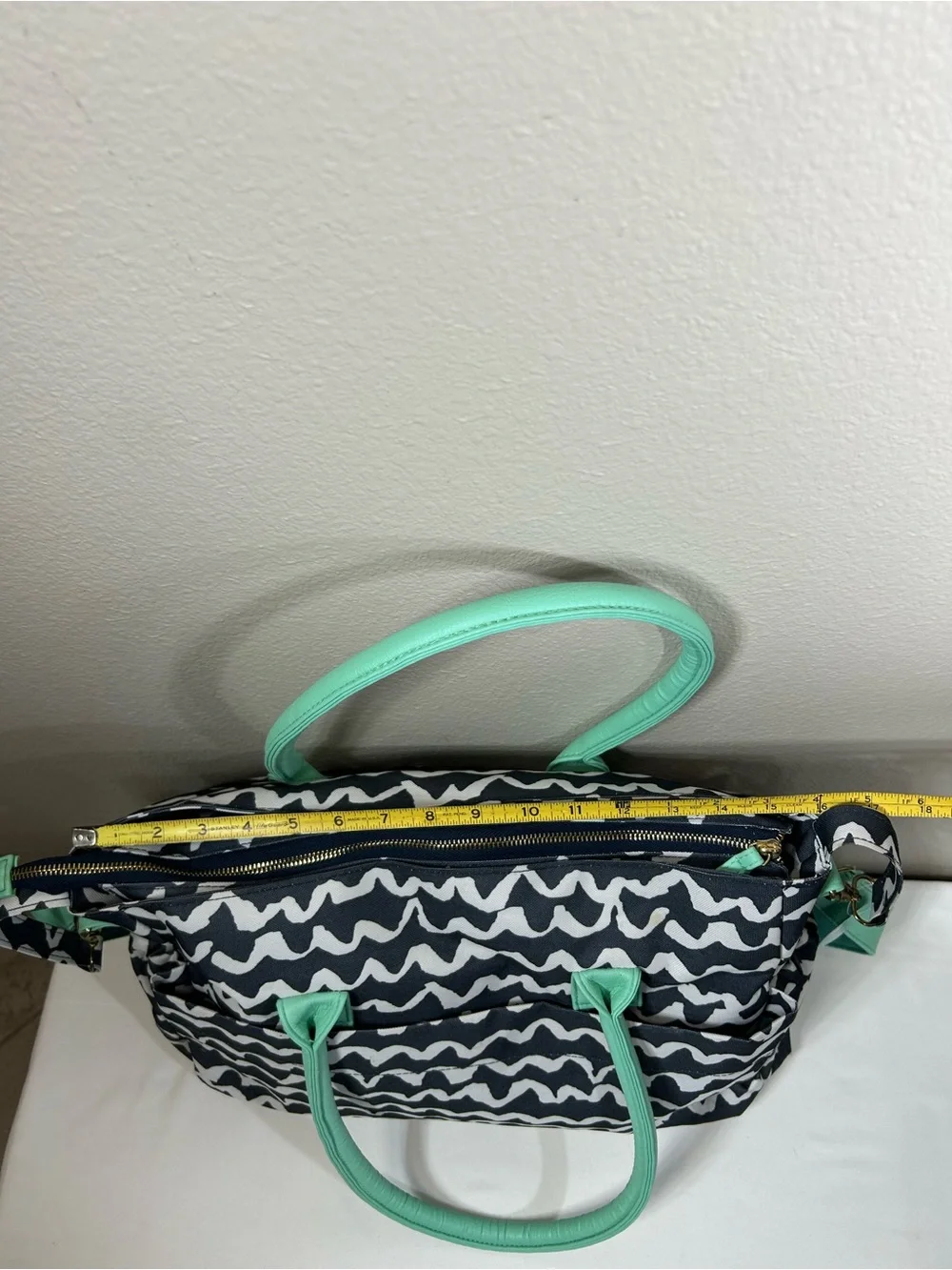 Teal Navy Wave Pattern Multi Pockets Complete Diaper Stroller Strap Tote Bag